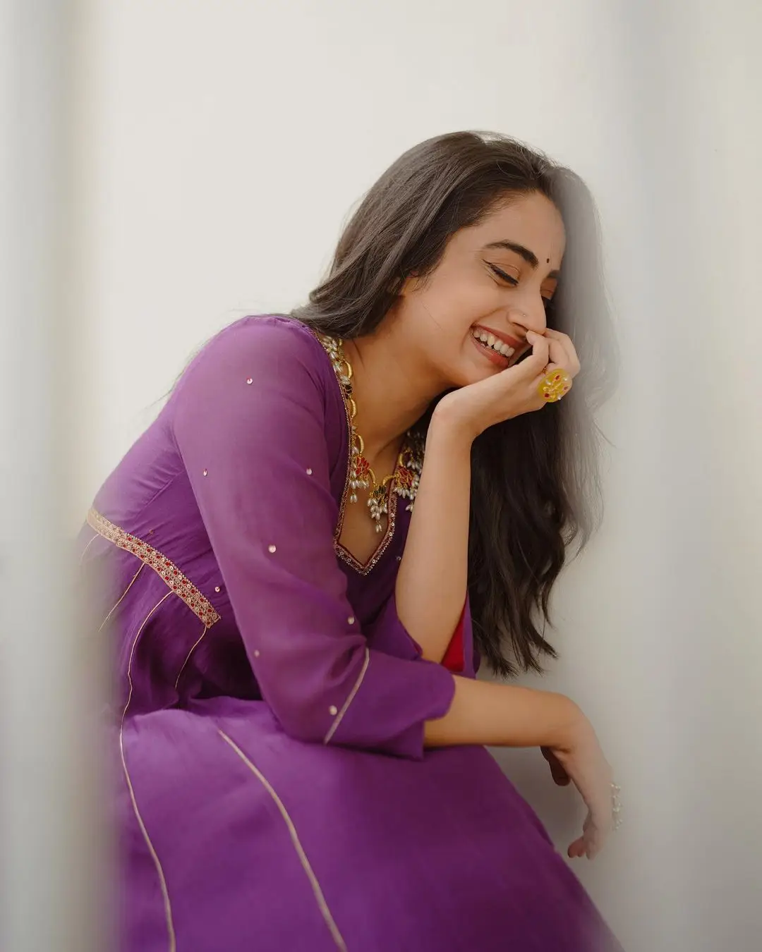 Namitha Pramod Wearing Beautiful Earring Jewellery Violet Dress